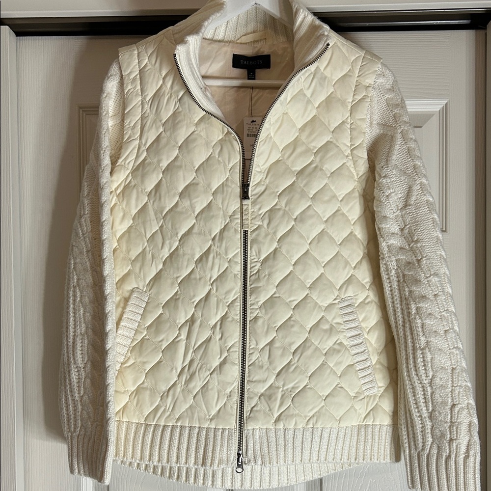 Talbots Quilted Women's Cream Puffer Sweater Jacket Size Medium - Picture 2 of 9